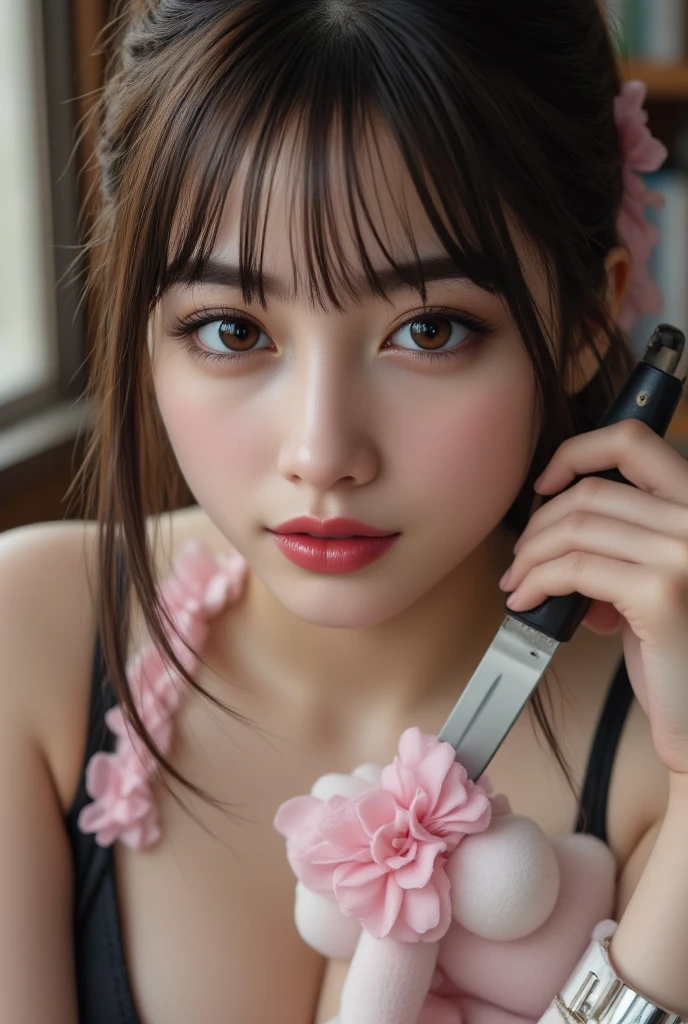 best quality, masterpiece, 1girl, Beautiful face, (photo realistic:1.3), glow skin, a red colored rose in her hair on the head, rim lighting, (high detailed skin:1.2), 8k uhd, dslr, high quality, high resolution, 4k, 8k, Bokeh, absurdres, best ratio four finger and one thumb, (realistic:1.3), cute 1girl, wearing black formal blazer, medium breasts, short skirt