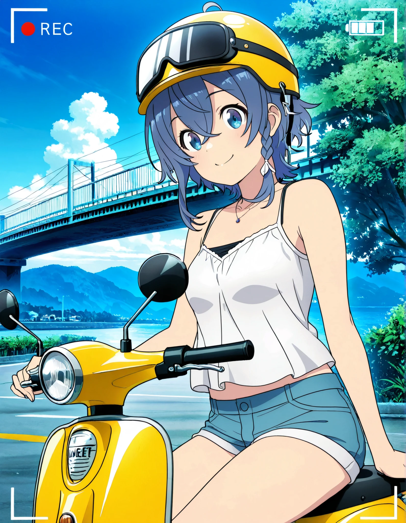 best quality, high quality,amazing quality,highres, absurdres, newest,anime screencap,anime coloring,highly detailed illustrations,perfect eyes,detail1eye,well-defined fingers,anime style,perfect anatomy, perfect fingers,5 fingers, 

BREAK 1girl,soro,misakino kukuru,ahoge,short hair,shiny hair,blue hair,braid,hair between eyes,small breasts, blue eyes jewelry,necklace,white camisole,medium breasts,blue shorts,short shorts,shorts rolled up, close up,

BREAK 
cinematic lighting,detailed background,Jeddtl02,
outdoors,summer ,

full shot of back side view sitting on a yellow scooter on a sunny day. on a bridge inclined road,
background beautiful okinawa's ocean,beautiful blue sky, and is angled slightly towards the camera. She is looking directly at the camera and is smiling slightly. she wears sneaker.cute helmet,

the scooter is yellow. the license plate is clearly visible, with numbers and letters. 
as she drives her scooter fast her hairs are waving in the air