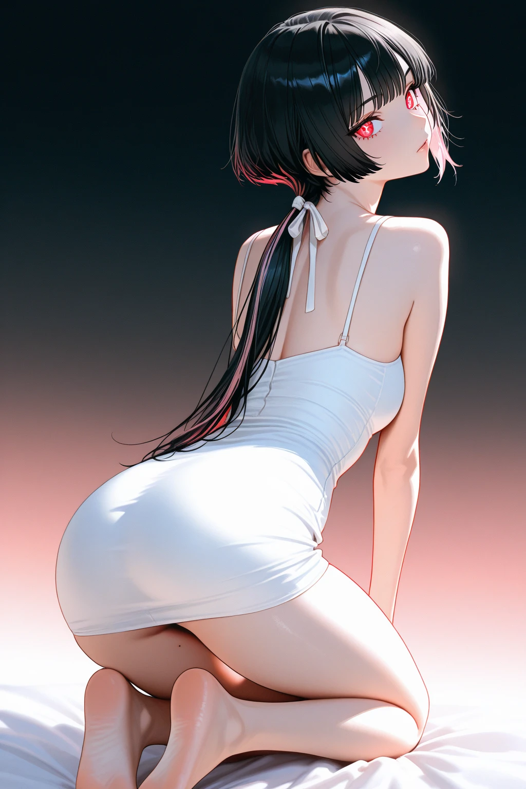 ((masterpiece,best quality,ultra detailed,high resolution)),((solo)),(cowboy shot),(beautiful girl),looking viewer,light-smile,(black hair,straight hair,medium hair,forehead),(beautiful detailed face,beautiful detailed eyes),(finely detailed skin),(skinny,short,small breast,medium hip),((gray business suits,tight-skirt)),wearing white swimsuit,((panty line,pantyline)),walking,