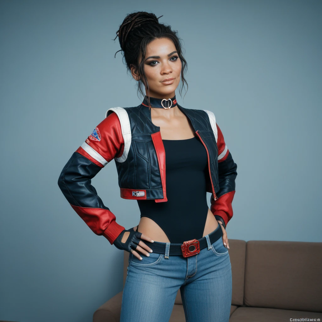 panampalmer,NM_collegebutt,,choker, fingerless gloves, cropped jacket, jeans, leotard, belt, choker,Скрещенные ноги, одна рука прикрывает рот, вторая держит подол платья,panam_palmer,phwamen, дождливый Дарк фентези темный лес