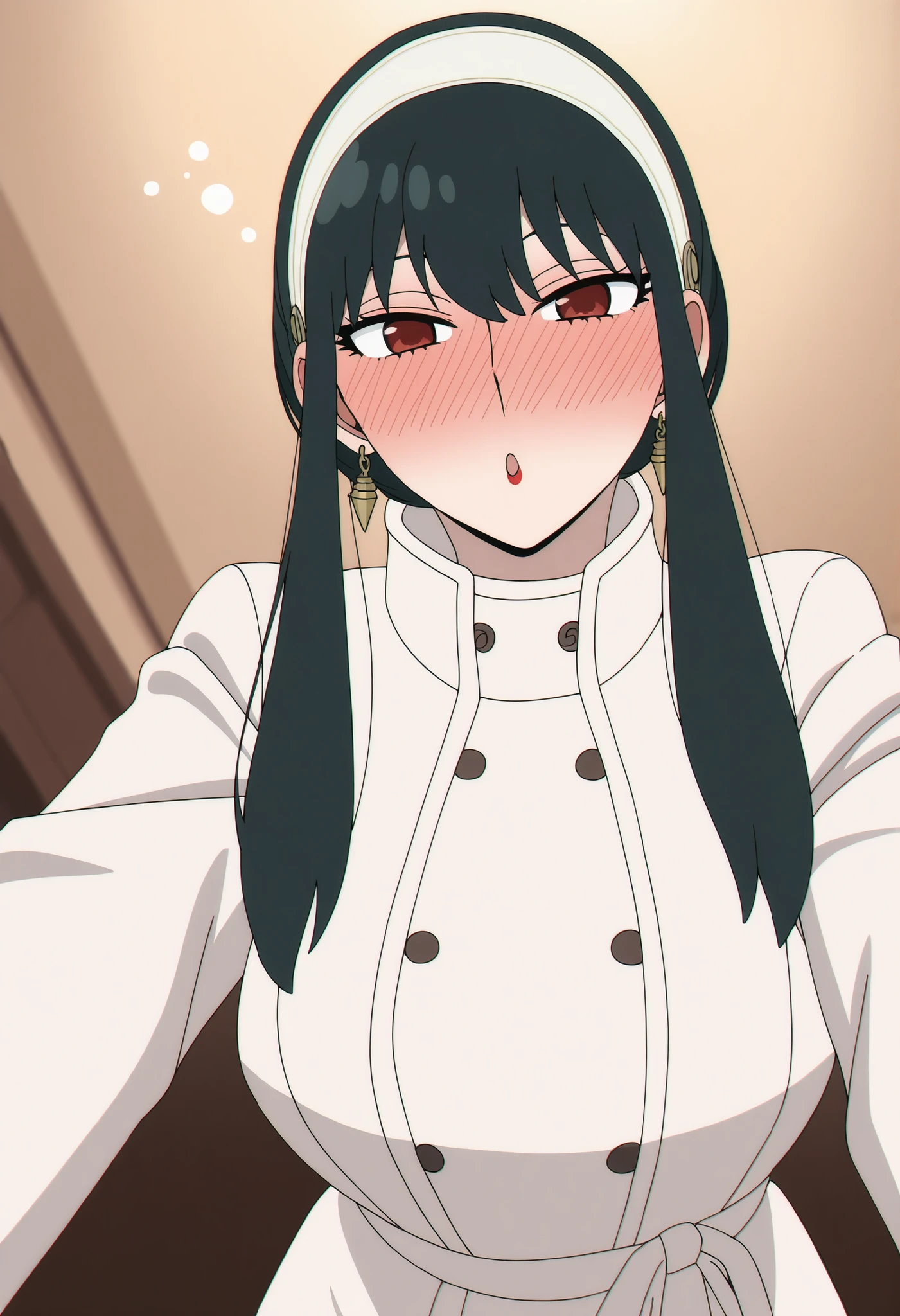 1girl, yor briar, red eyes, black hair, hairband, white hairband, sidelocks, long hair, large breasts,sharp eyes,red cheeks, aggressive female, handsome girl, red lipstick , ,looking at viewer from below twords above, ,a gentle smile, red cheeks,drunk,Her cheeks are deeply flushed, shinny eyes, badass , Yor white coat (outfit), standing on all fours,