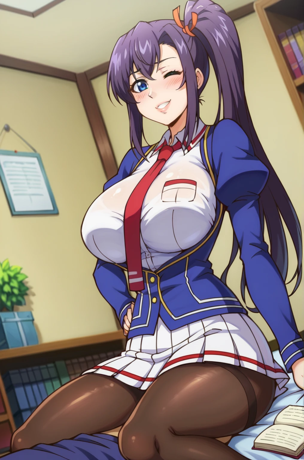 sitting on chair, spread her legs, white panties, (white serafuku outfit : 1.5), (blue pleated skirt), white long socks, red shoes, (library background), Sigui, mature woman, anime cels style, best quality, high resolution, 1girl, (huge breasts:1.2), beautiful face, Beautiful Finger, Beautiful long legs, Beautiful body, Beautiful Nose,Beautiful character design, long hair, (brown hair), Bangs, green eyes, (cowboy shot), smiling, looking at viewer, beautiful hair, navel, smiling