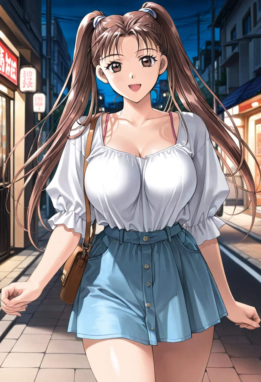 masterpiece, Newest, vibrant, very aesthetic, high contrast,mature woman,solo,((KanouRyouko, twintails, brown hair, long hair, brown eyes, large breasts)),((random casual wear)), viewer, perfect hands, perfect anatomy, Viewer, perfect hands, perfect anatomy, (Happy Smile,open mouth),((at night,downtown,Street Corner,detailed background)),top quality, semi-realistic,kadoi aya style, Fullmetal Alchemist anime style,,((hentai comics))