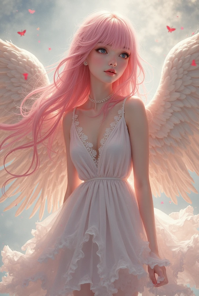 Light pink hair, Pink Eyes, Pink and white,  Vibrant colors, Paint Splash, Wavy long hair,angel, Many feathers fluttering、Large wings from the latissimus dorsi、Above the Clouds ,highest quality, masterpiece, Ultra-high resolution, (Realistic:1.4), RAW Photos, One girl, Off the shoulder, Modest, 