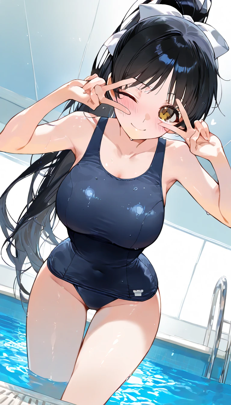 Anime Girls, (masterpiece, highest quality, 8K ultra-high resolution:1.4), gleaming skin, beautiful detailed eyes, ultra-detailed, cowboy shot
1girl. solo, mature, adult, milf, facing viewer,
looking at viewer,
smile, horny, sweat, nervous,
((school swimsuit)), Highly detailed glossy skin, Dark blue one-piece swimsuit, (Swimsuit with wet and shiny details: 1.2), big butts, thick thighs, large bulge
grey background, simple background,