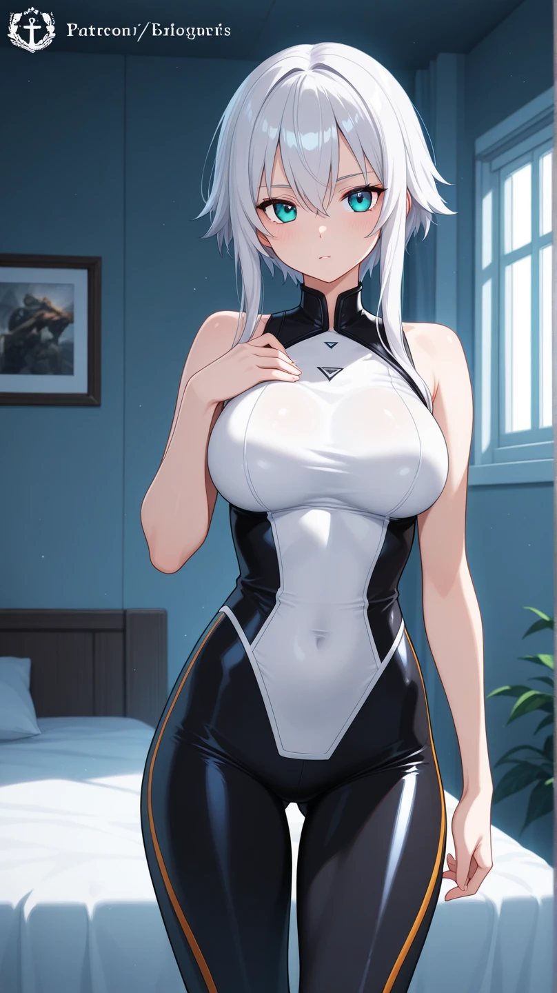 (aesthetic, best quality, masterpiece), 1girl, female focus, mature female, solo, BREAK, bodysuit, zerosuit, medium breasts, toned, covered abs, BREAK, white hair, medium hair, BREAK, detailed eyes, blue eyes, beautiful eyes, BREAK, arms behind back, cute pose, bent over, small smile