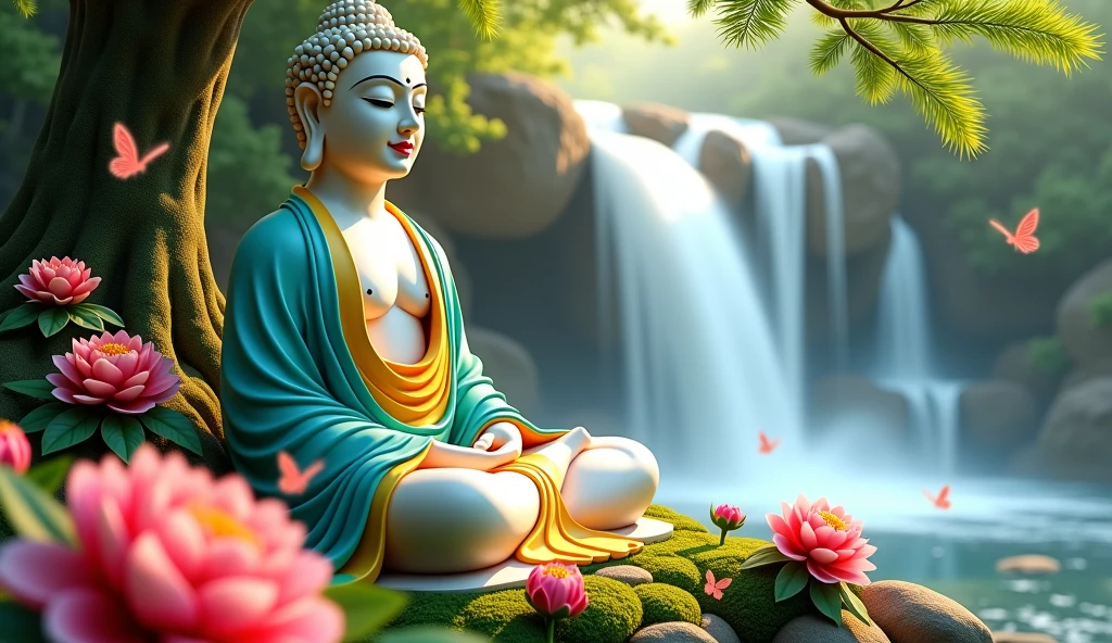 painting of a buddha statue sitting beside of a rock next to a waterfall, buddhist art, blue sky, greenery, trees and plants, purple flowers, white flowers, cherry blossoms, flowers garden, tropical flowers, buddhism, the buddha, multicolored flowers, flowers background, buddhist, zen temple background, on path to enlightenment, stream of love and happiness, beautiful flowing feeling, on the path to enlightenment, buddha, zen atmosphere, spiritual feeling, deep sense of spirituality, spiritual enlightenment, floating in a powerful zen state, field of mixed flowers, grass and flowers, an aesthetic field of flowers, field of flowers, meadow with flowers, field of wild flowers, 4k professional painting, game, detailed key anime art, illustation, a beautiful artwork illustration, beautiful digital painting, highly detailed digital painting, beautiful digital artwork, detailed painting 4 k, very detailed digital painting, rich picturesque colors, gorgeous digital painting