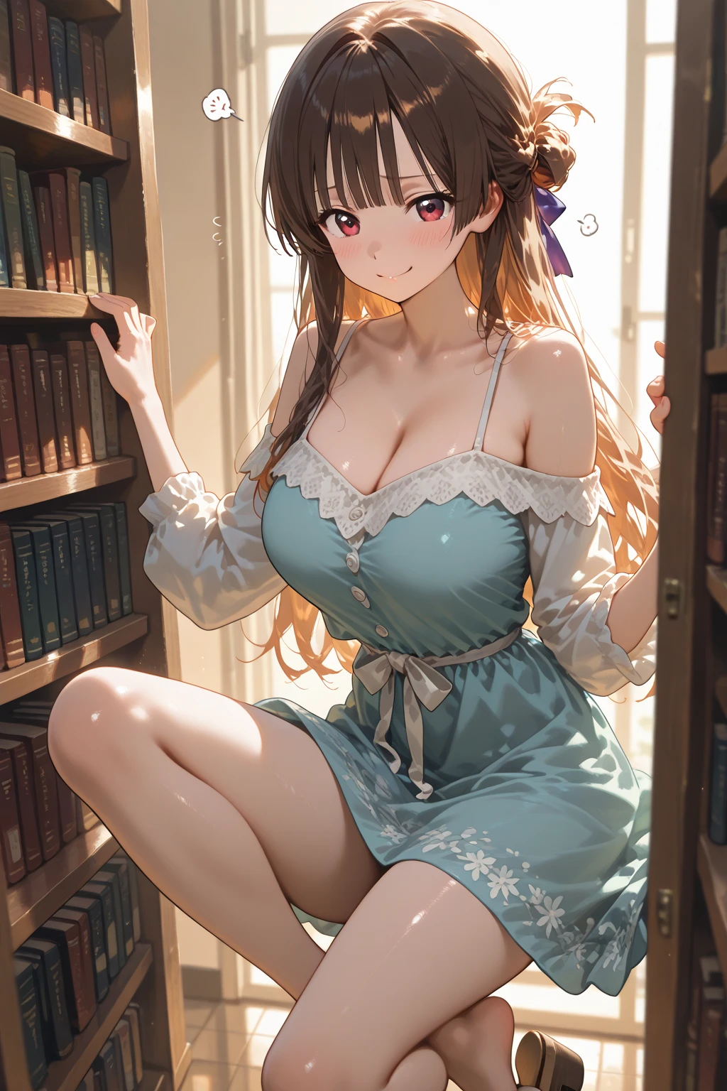 (((Neat woman, hide,Eyes bright with excitement,Smile,blush,blush,Red cheeks,Please touch me,audience,I want you))),(sit down,Lean forward),((((blush,Red cheeks,Sweat)))),(light), (Photo real:1.4)、(Surrealism:1.4)、(Reality:1.3)、 (Soft light: 1.05)、(Improve video light quality:0.9)、 32K、2 female、Realistic light、Backlighting、Face Light、Ray Tracing、(bright:1.2)、(quality improvement:1.4)、 (Highest quality real texture skin)、beautiful eyes,Delicate face、 Close-up of face,  (White jumpsuit，Bare shoulders，Large breasts，Visible cleavage),(Improved body lines and mood:1.1)、Smooth skin、Korean Idol、Nogizaka Idol、Good shape,Perfect anatomical structure,Beautiful actress,(((Beautiful big breasts,Slim waist,Slim hips,Long legs,8 heads high))),(((8 heads high))),(((Brown Wavy Hair,Curtain bangs))),(((In the library&#39;s beautiful modern office,Super clean night view,in the evening))),