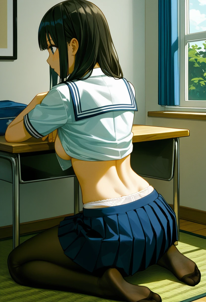 (nsfw,from back),vaginal penis,((1man and 1woman,POV,having sex:1.5)),doggystyle,((perfect anatomy:1.2,realistic:1.3,RAW Photography:1.3,masterpiece、highest quality、Ultra - High resolution、High resolution、Highly detailed CG、8K)),cowboy shot,1 female,solo,18 year old beauty, Japanese、((beautiful detailed face and eyes:1.2,big gorgeous eyes:1.2,profile)),black hair,(semi long hair),bangs,medium breasts,slender body,small head:1.3,skinny,(oily skin,gleaming skin,shiny skin),(sweat:1.5),((topless, skirt、pleated navy mini skirt,vagina,love juice:1.5,ass,anal)),arms behind back,standing,spread legs:1.5,library、