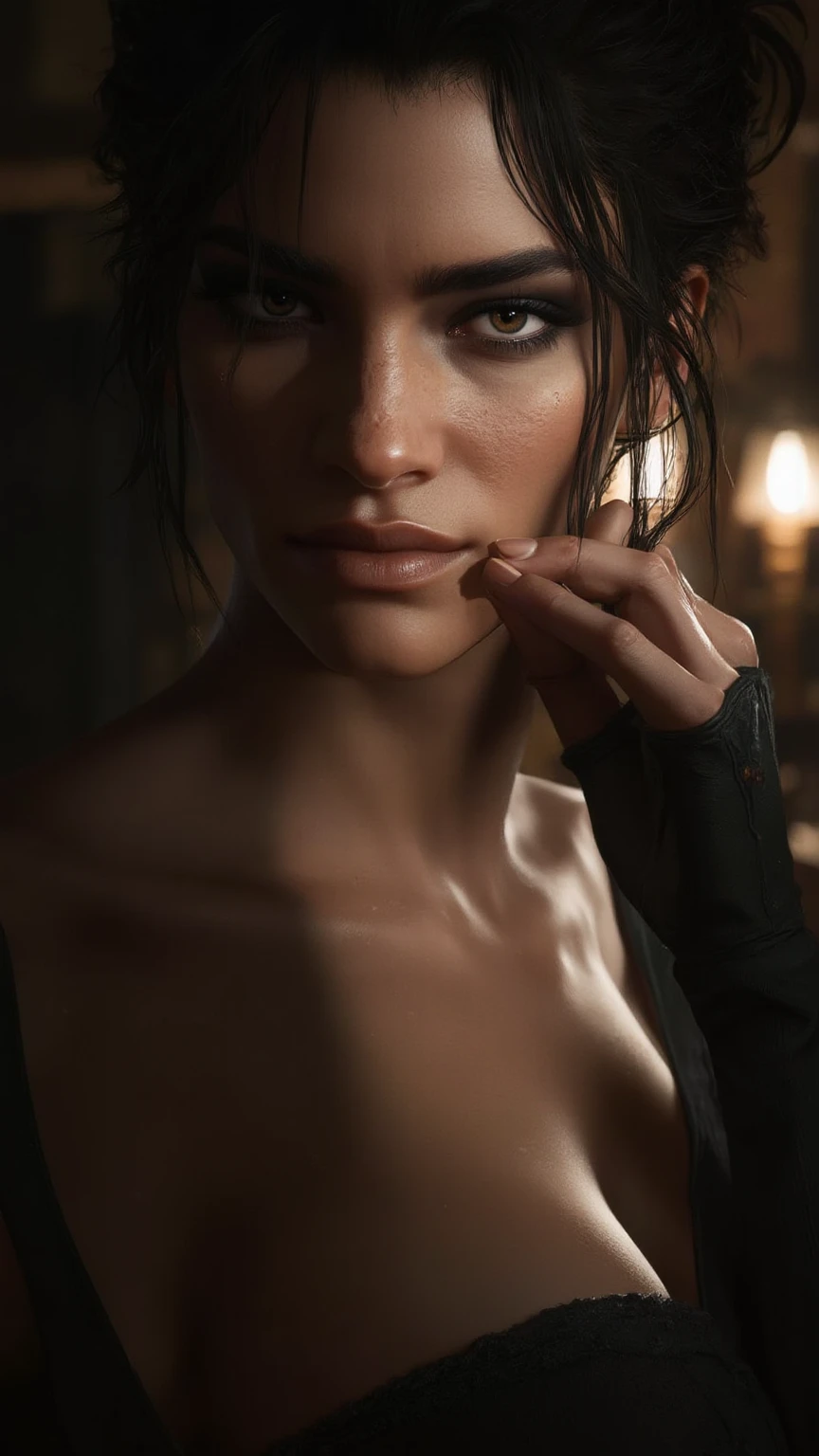 a woman in the room, sunlight on the skin, <lora:Harbingers Style v1.1 SDXL :1>