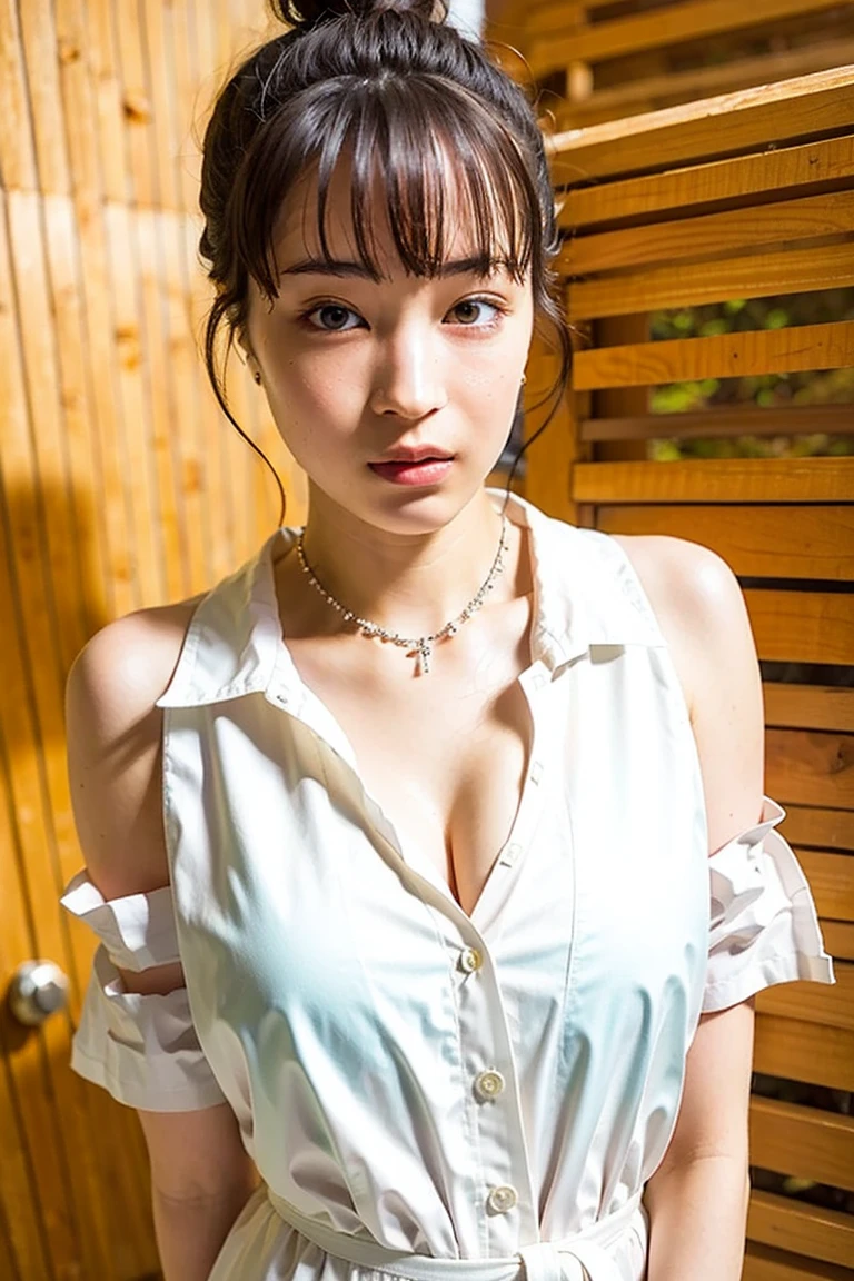 top-quality、masterpiece、high-detail、hight resolution、shadings、realisitic、soft sunlight、1girl in、独奏、cute little、A detailed face、Accurate hand depiction、Clear eyes、Obsceneness、Smaller chest、de pele branca、Bright and realistic human skin、A little troubled face、Put your hands on your chest、((barechested、pubick hair、Pubic area))、((teats、The areol))、Kamimei、Looking down from above、Petanko sitting、Thin leg、cheeks with a slight blush、a choker、Beige tank top