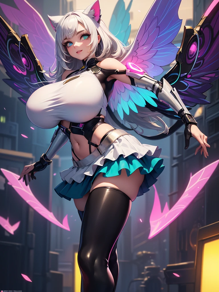 (masterpiece, top quality, best quality, official art, beautiful and aesthetic:1.2), (1girl:1.3), (Airy), (bravely default), white hair, extremely detailed, portrait, ((navel cutout)), (slendered abs:1.4), bravely default, fairy from bravely default, (Aletta ocean face), looking at viewer, solo, (full body:0.6), detailed background, close up, gold eyes, (cool castle theme:1.1), (((white skin, fairy wings, shiny skin, black gloves))), fairy woman, spread out fairy wings, charlatan, sinister smirk, mysterious, shapeshifting in a castle, revealing tube dress, black leather boots, long boots, buckles, straps, pouches, collar, sleeveless, black latex, ((((breasts, cleavage, skindentation)))), slim waist, slim hips, long legs, fantasy (castle interior:1.1) background, dark mysterious lighting, shadows, magical atmosphere, dutch angle