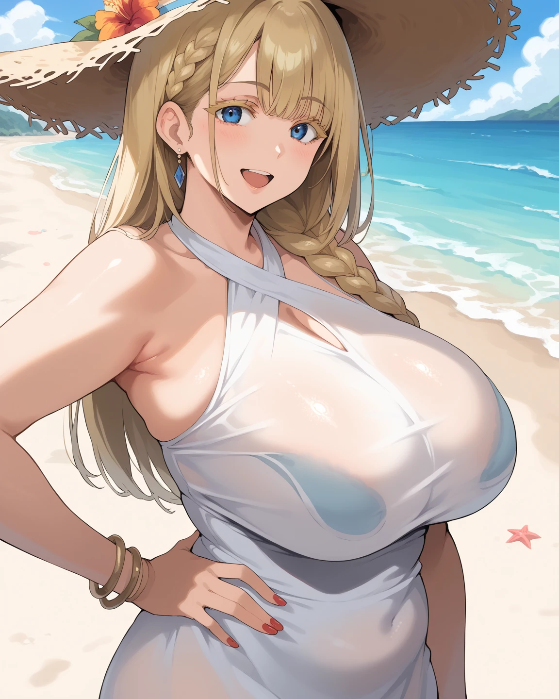 ((best quality)), ((masterpiece)), (detailed), (Solo), (Perfect Lighting), A Cute Girl, ((Overwhelmingly Big, Rounded, Extremely Gigantic, Excessively Huge, Absurdly Large Boobs)), (Long Brunette hair), Beautiful Blue eyes, on the beach, sunset, wearing a Red Jacket, Jeans, and Grey Sneakers, happy, facing viewer, anime style, not-inappropriate, no-nudity, good lighting, bright, Ridiculously Absurdly Over-exaggerated Breasts and thighs.