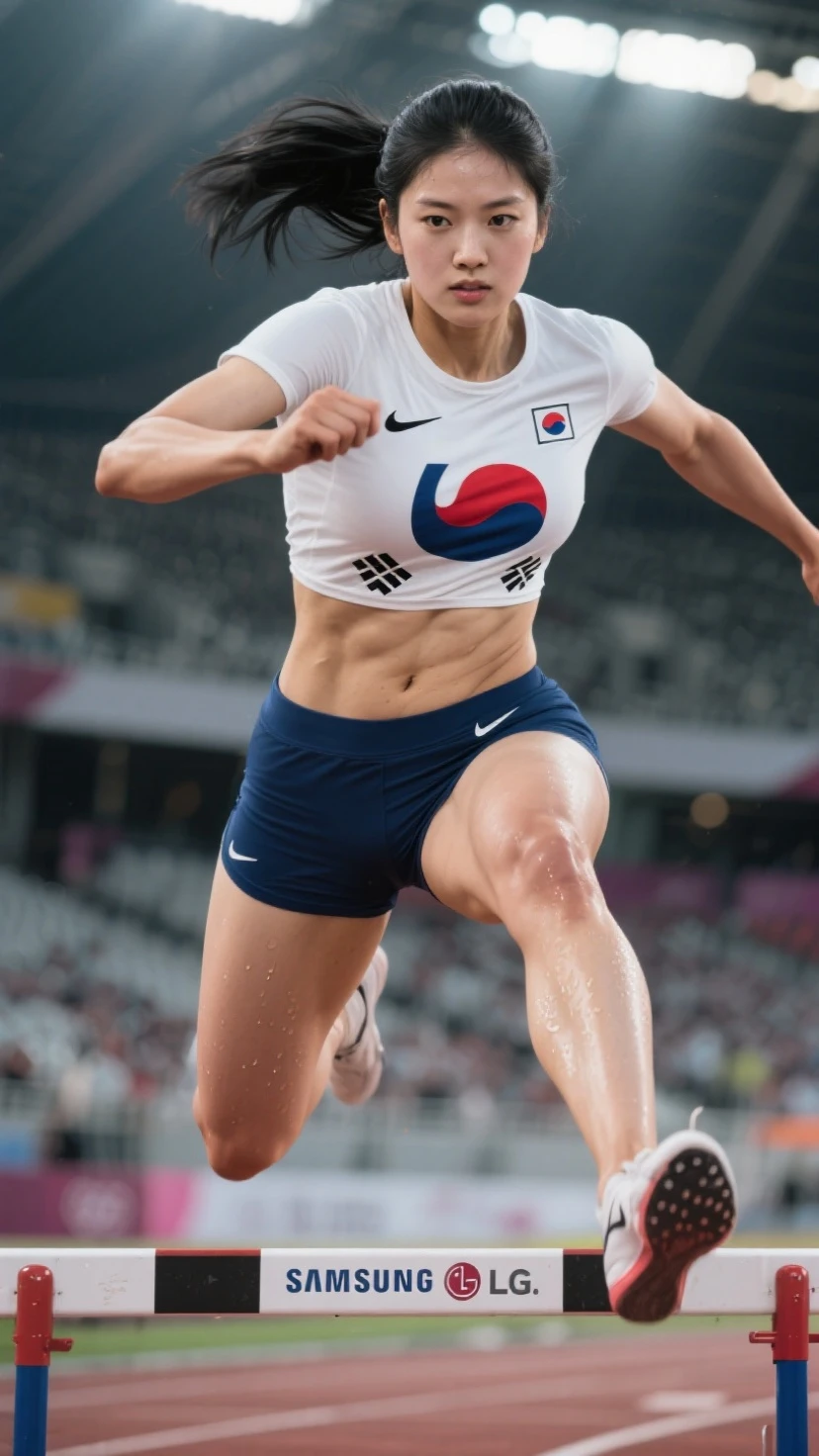 (Olympic Themed, High Quality: 1.3), (Masterpiece, Best Quality: 1.2), Ultra-detailed, 1 athlete, in action, Olympic sports logos in the background, (dynamic pose: 1.1), (detailed muscle definition: 1.2), (vibrant colors: 1.4), (running shoes: 1.3), (tight athletic shorts: 1.2), (compressed chest: 1.1), (short hair: 1.2), (detailed facial features: 1.3), (focused expression: 1.2), (8K resolution), (Photo-real