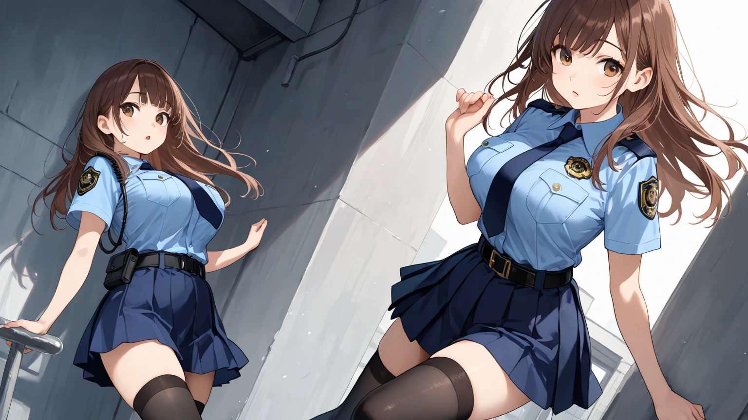 masterpiece, Highest quality, High resolution, One girl, (Blue jacketの下にBlack innerwearを着ている), Folded ponytail, Brown eyes, , uniform, Blue jacket, Blue pants, ,Big Breasts, Black innerwear, (Bend down and shoot your gun:1.3), blush, (Ready your gun?)
