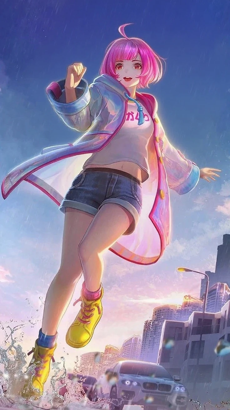 girl with pink hair and blue jacket holding an umbrella,8k, hyperrealistic
