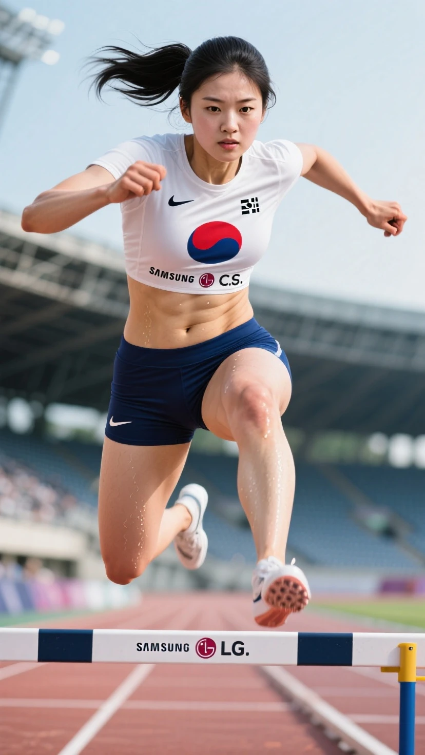 Female Athletes, ((masterpiece, Highest quality, Best image quality, High resolution, Realistic, RAW Photos, 8K)), ((非常に詳細な CG 統合 8K 壁紙)), (Huge and stunning goddess shot, Very hot and sexy, Incredible beauty, Perfect proportions, Beautiful body, Slim body beauty:1.4), Female Athletes on the track, スポーツブラを着用したFemale Athletes, trunks, shoes, Sweaty, White running sweatshirt, Outdoor, On a very hot day, Please put your hands on your hips、stand with feet apart, Looking up at the sky, From behind, Amidst enthusiasm and cheers, With the right hands and fingers, Detailed skin and sweat,Showing off pussy