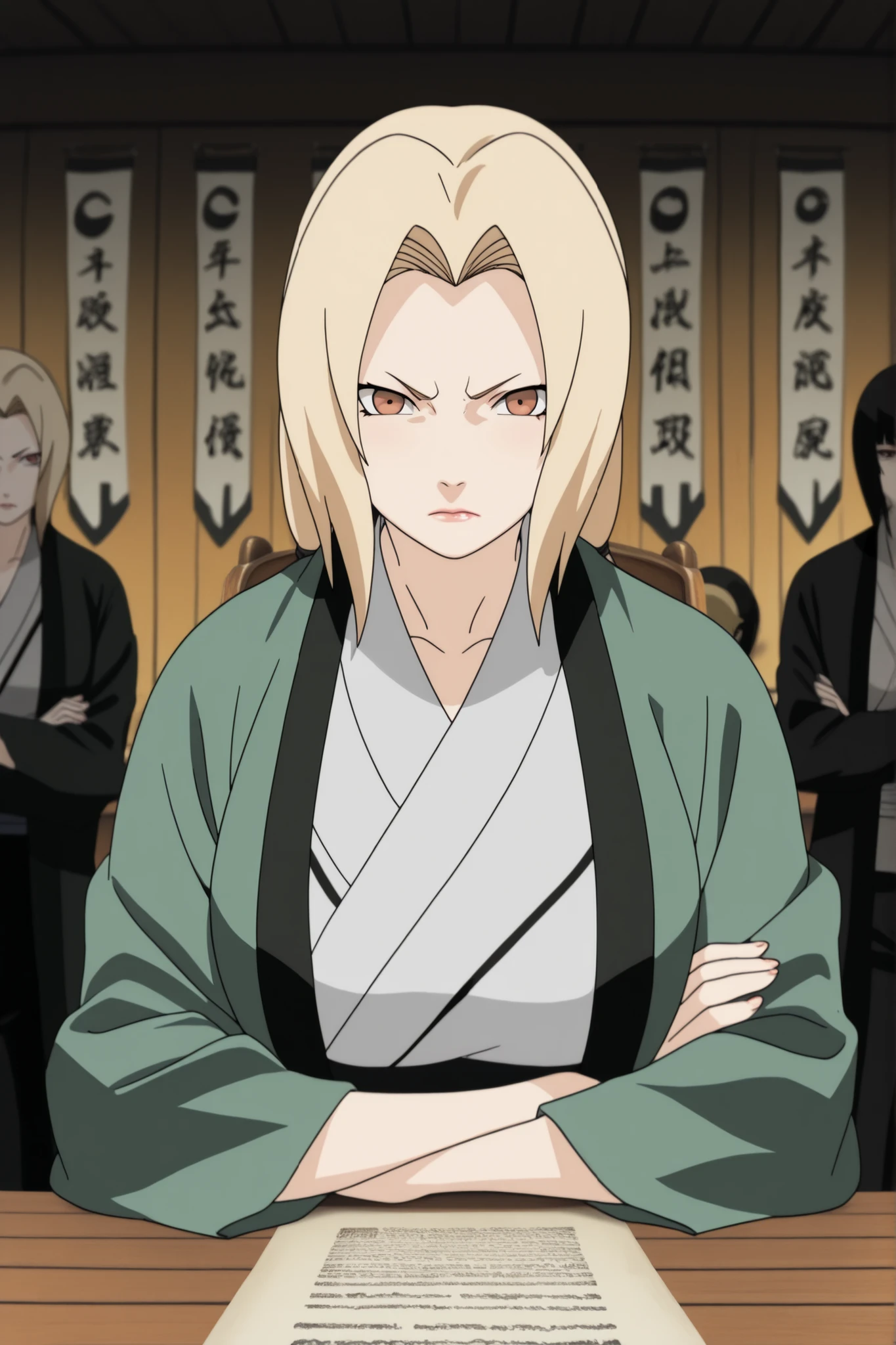 (masterpiece, best quality, anime style, ultra-detailed, 8k, Tsunade Senju seated at a large wooden table during a formal council meeting, mature woman with long golden blonde hair, wearing her usual outfit: short white kimono and black pants, no green haori, arms crossed firmly over her chest, leaning slightly back in her chair, serious and skeptical expression, lips closed and slightly tightened, eyes narrowed, looking at the council members with clear distrust, traditional meeting room with scrolls and banners on the walls, warm indoor lighting, soft shadows across her face, cinematic composition, tense and formal atmosphere, no smile)