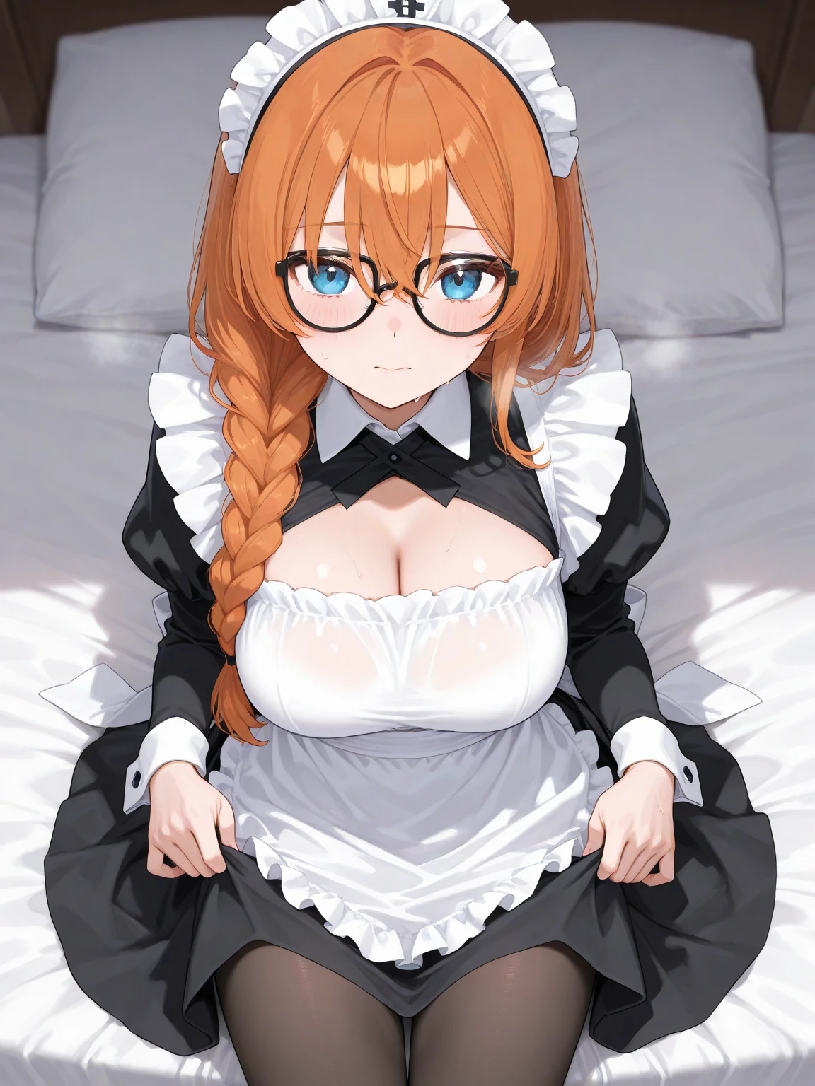1girl, young girl with huge breasts, gothic lolita, maid outfit, glasses, orange hair, aqua eyes, Ilulu (dragon maid), Yukari (girls und panzer)