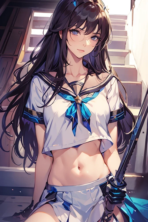 <lora:ShimaCos3070:1> shimacos, crop top, thighhighs, elbow gloves, microskirt. For the panties you can use black panties, highleg panties, cameltoe, <lora:akiyama_mio:0.8> aamio,black eyes,long hair,hime cut,blunt bangs,, ultra detailed, masterpiece, best quality, aesthetic, detailed,