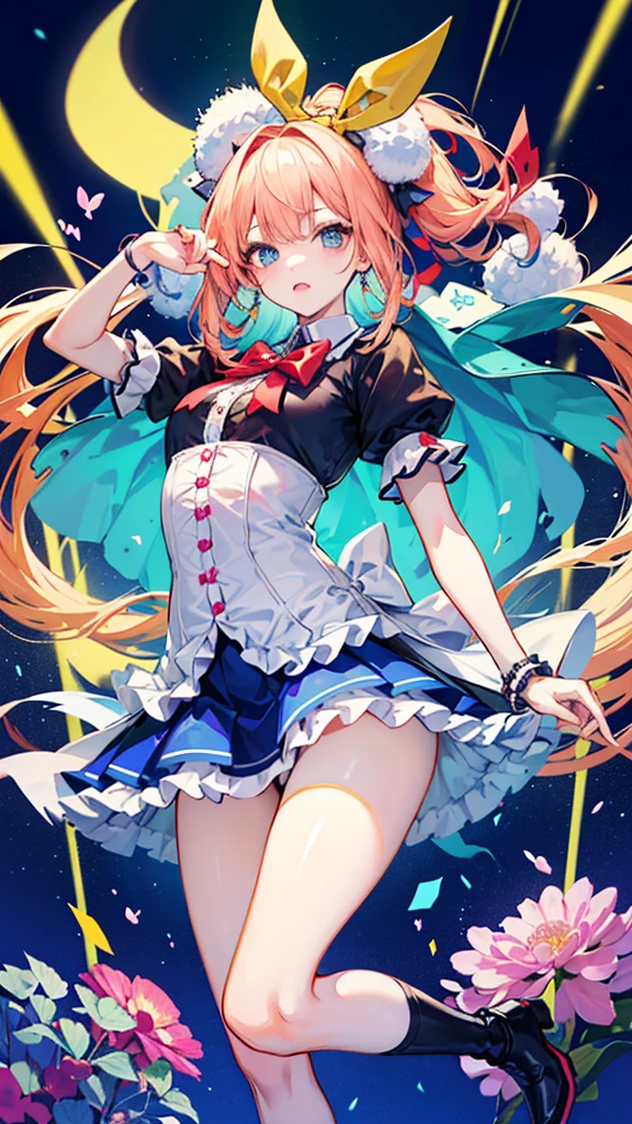 panty shot、rainbow colored leotard、Beautiful Girl Magician、blonde twintails、((whole body))、(((photo taken from below)))、night