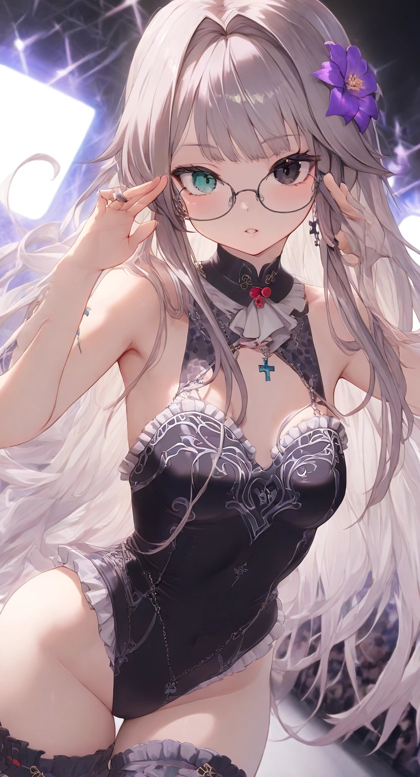 ((masterpiece、top-quality、Watercolor art(Pendants)、Official art、Beautifully Aesthetic:1.2))、(1girl in:1.3)、(Fractal Art:1.3)、full body Esbian、((Glitter pupils))、patterns、((rainbow-colored hair、colourful hair、Half blue and half pink hair:1.2))、colourfull、(Silver-rimmed glasses)、Writing、(heterochromia iridis:1.5)、(colourfull:1.5)、((Shy face))、one piece dress、(Standing)、(Hyper-detailing), ((delicate detail)), (intricate detailes), ((ciinematic light, best quality backlight)), highcontrast, ((The best lighting, extremely delicate and beautiful)), ((ciinematic light))、(ray trace reflection、brilliance)、((glowing aura))、((Radiant hair))、((The ultra-detailliert))、((8K)),(((Halloween:1.2))),(natta:1.5)