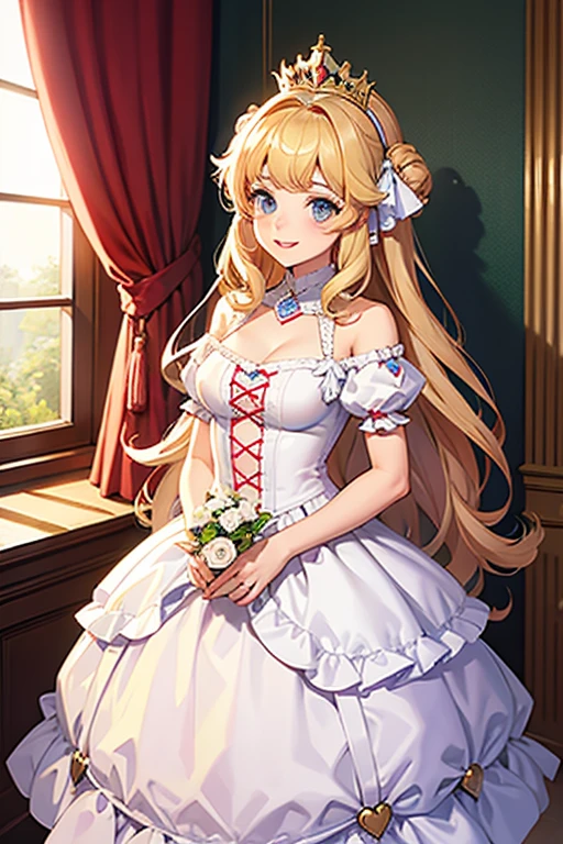 ikenaidorotea,1girl,solo,pointy_ears, smirk, wearing a stately and (((elaborate))) Royal Cinderella ballgown of white satin and tulle adorned with large satin poufs, (((huge ribbon bows))), roses, lace, frills, flounces, silver embroidery, silver braid, and jewels, with (((enormous puffed sleeves))), a very stiff padded and whaleboned bodice, and a (((voluminous crinoline hoopskirt))), (((bustle))) and long train, long white gloves, pearl and diamond necklace and earrings, anime, hd