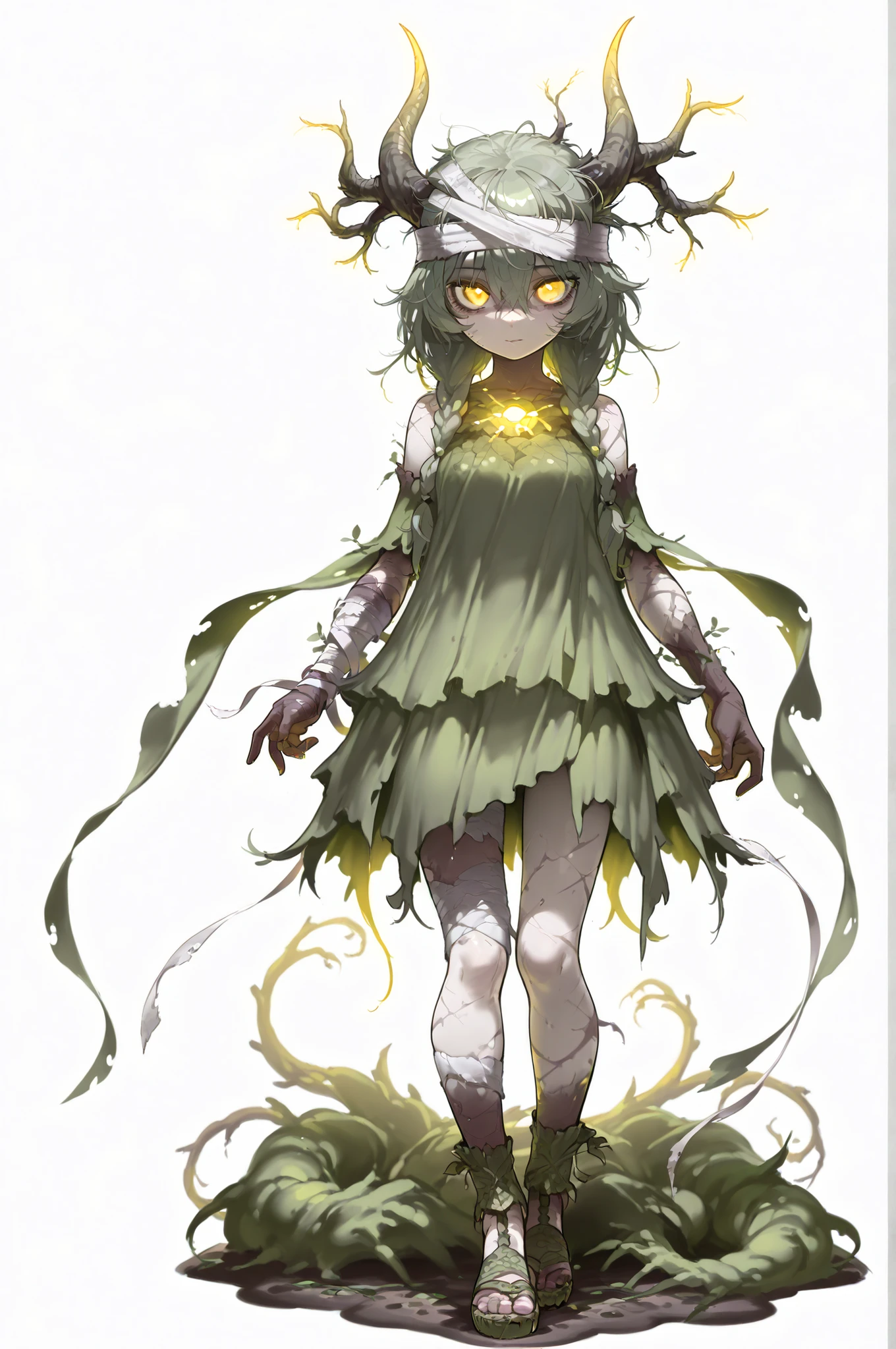 (((masterpiece))), (((Best Quality))), ((Ultra-detailed)), (anime Illustration), ((extremely delicate and beautiful)),solo, Full body, Fantasy race, sickly dryad girl, muddy sea-green hair and pale skin, dead-branch-like horns extending from her head, glowing yellow eyes, plant dress, Standing in a daze, holding a dead flowers, Bandages wrapped limb, big suture scar face and limbs, braided sandals, highly detailed, Colorful, mysterious, full body standing, Whole body, (((white background)