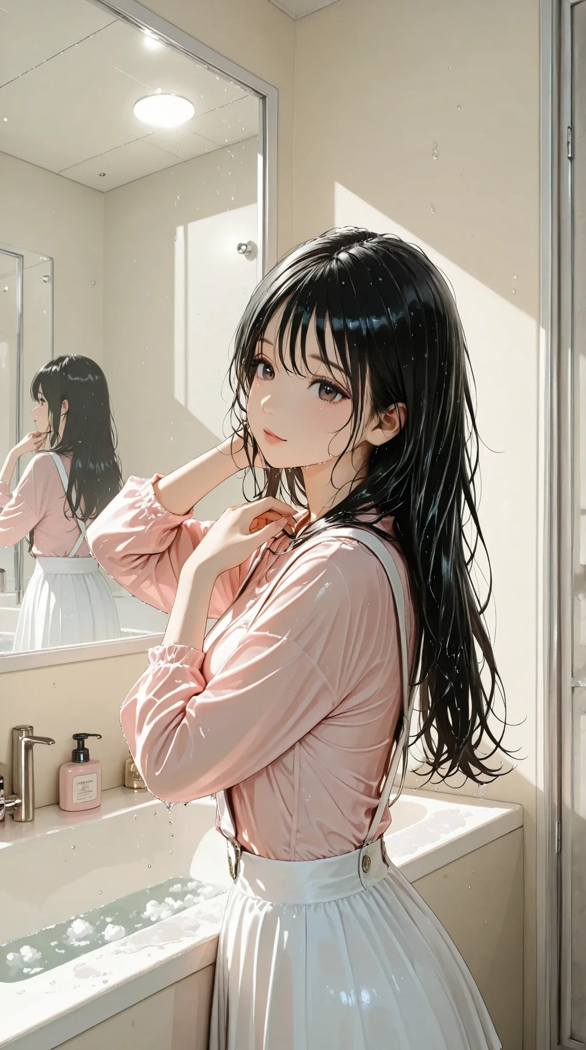 Panorama,upper body,long hair,black Hair, model, pink shirt, white suspenders ,white skirt,clear makeup, taking a bath,bathroom,wet hair