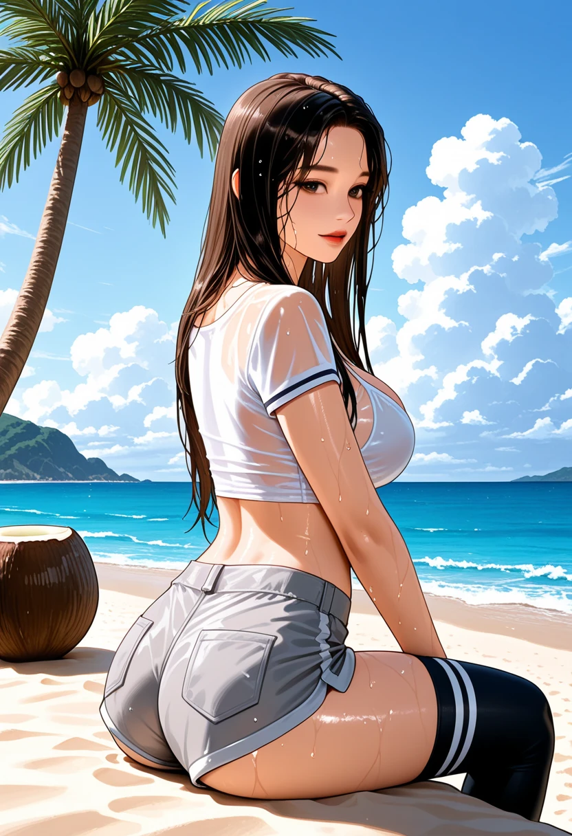 jeizuo, awesome, viewer, reality, full body in camera, on knees, squat, brunette hair, long hair, thorough, tall, forced real water, white less cloth transparent mini shirt, white transparent thong, seaside, rawe very detailed, ahegao, roll your eyes, blush, sticky tongue, vaginal run-down, runny vaginal discharge, blowing tide, very large breasts, grab your breasts with both hands, spread your legs, sexual arousal, sexual expression, shiny skin.