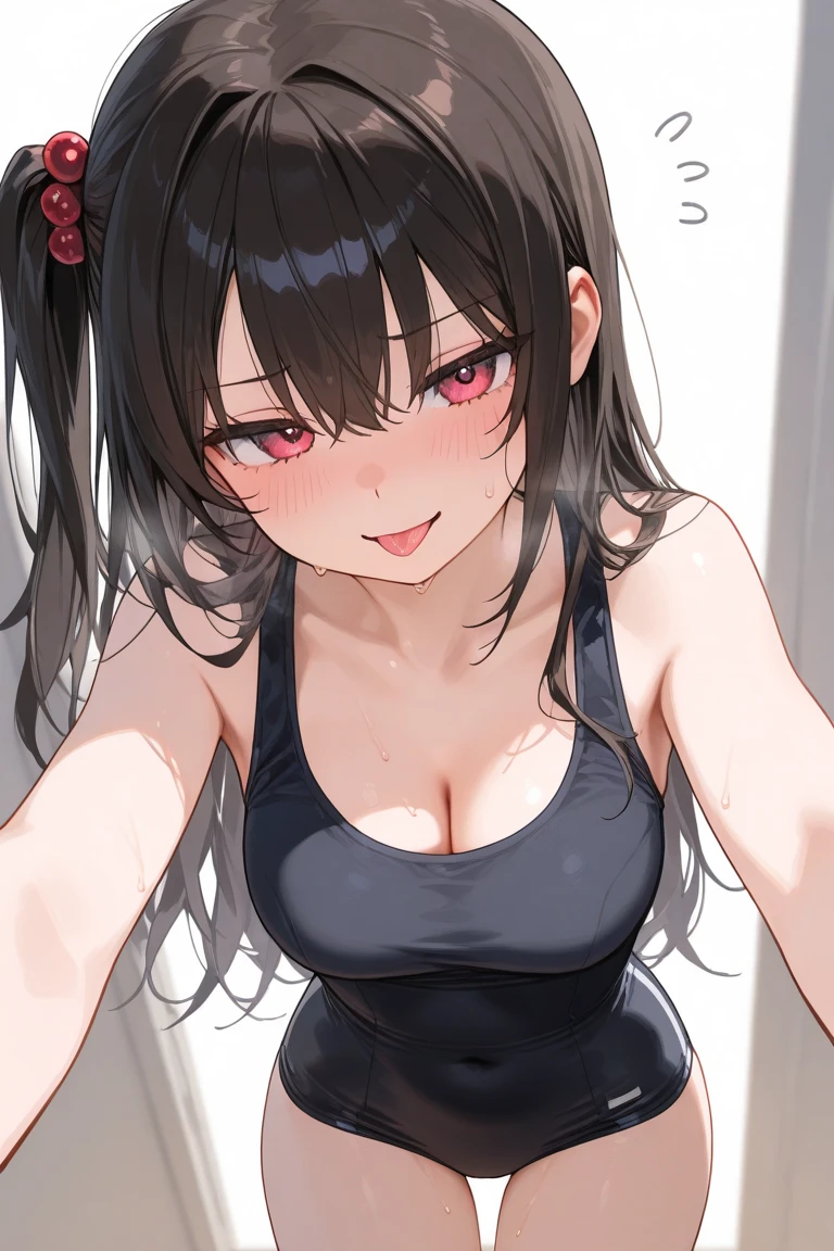Shinomiya Kaguya, Shinomiyakaguya, Red eyes, small breasts, list brook, black fur, Red eyes, micro swimsuit, very tight swimsuit, breasts protrude from the swimsuit, thick thighs, excited, lubricated body, blush, small breasts