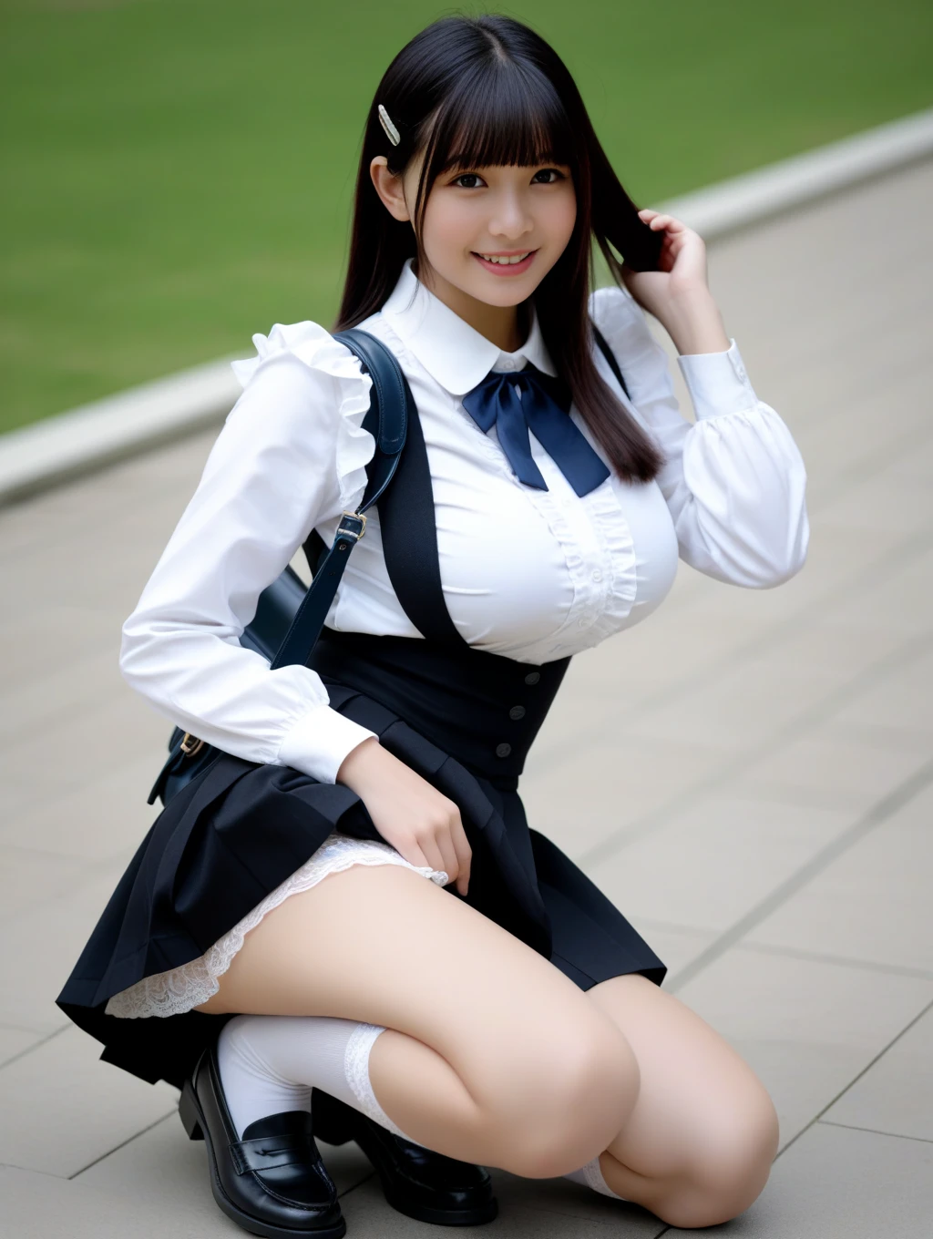 （NSFW：0.99）（big breasts：1.7）（、heavy chest、no bra、not wearing a bra、No Bra (Hard Nipples Through Shirt)、white sexy panties,white small panties、 (white tight blouse shirt), (red bow tie on the collar of a white tight shirt)(navy pleated skirt), high school girl uniform、knees高解像度、High level image quality、8k、RAWphotographgraphy、highest quality、masterpiece、table top、smile、gentle smile、erotic、student、black skin,knees,(black pantyhose）Focus on the crotch、Open your legs and show your crotch、low angle shot from below、absurd,small face、huge breasts、Beautiful, straight and shiny long hair、Beautiful shiny long ponytail hair、long hair curled vertically、hair flowing from shoulders to chest、thick, well-groomed bangs、hairline flowing down the sides of the face,hair accessory、highest quality、ultra high resolution,RAWphotograph,only,,one person, one personで,very nice、japanese woman,Are standing,（Photoreal：1.37）、photon mapping,かわいいsmall face,brown eyes、black socks、22 years ago、物理ベースのonlyダリング、prospect、written boundary depth、blurred background、photograph,girl、,beautiful feet, thick thighs、 soft nose,(white blouse shirt), (red ribbon tie)(navy pleated skirt),perfect hands and perfect anatomy、4 fingers and 1 thumb、Perfect hands and feet、 kneesが見える,thin clothes,, thigh, black cotton socks,glossy lips、skirt lift、squatting pose、kneesを曲げて座る、Spread your legs and squat down、Sit down with your crotch showing、Squatting with crotch spread、hands behind head、black loafers、black shoes