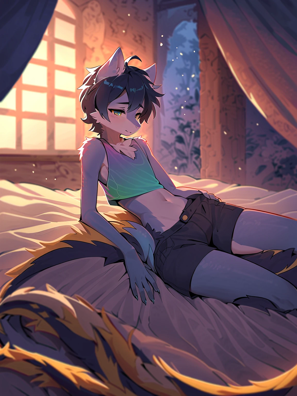 ((sfw)) Solo, A cute anthro, (((half hyena half deer))), male, (cute snout:1.2) full body, ((by hyattlen, by fumiko, ((by zackary, by fumiko)), solo, anthro, male deer, deer antlers, Bright brown fur body, ((brown ears)), red hair, mullet, detailed eyes,  (heterochromatic eyes), diferent color eyes, one red eye and one green eye, bright white neck, dark hyena spots, white fawn spots, white , perfect drawn tail, hyena arms, hyena paws, soft and warm , verry fluffy body, smirk, toned body, great , femboy jock, big , thick thighs, looking at the viwer, bedroom eyes, half lidded eyes, well drawn hands, wearing tiny pijama shorts and a matching cropped spaghetti strap shirt, earrings, eyebrow piercing, good , detail, stretching, next to a open window, first thing in the morning, just woke up, sun rise, waking up, bed hair, baby blue light pink and white color scheme for the clothes, pastel colors, pink yellow and blue background color scheme, (full body), bed, college room, fairy lights, posters, rainbow flag, gamer set up, 