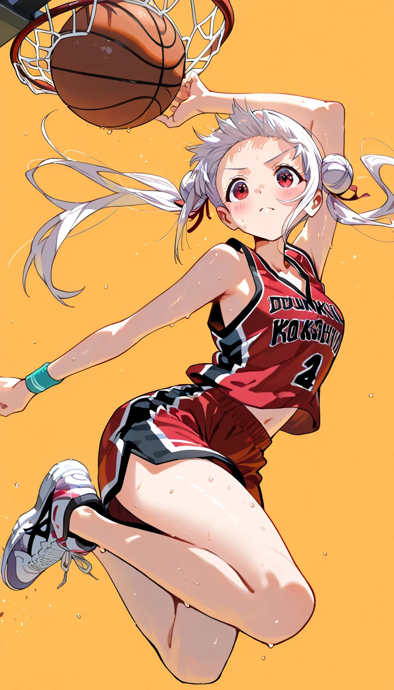 (beautiful girl : 1.3),1 girl,(arashi chisato),(basketballのユニフォーム,wristbands,sneakers,basketball),serious expression,Blush,Run,sweat,dribble,basketballコート,jumping,Dunk Shot,simple color background,Dynamic Angle,masterpiece,top quality,rich contrast,High Definition,8k,High Definition CG Unit Wallpaper,Textures,unbelievably absurd,RAW pictures,Deep Border 1 .2,very detailed