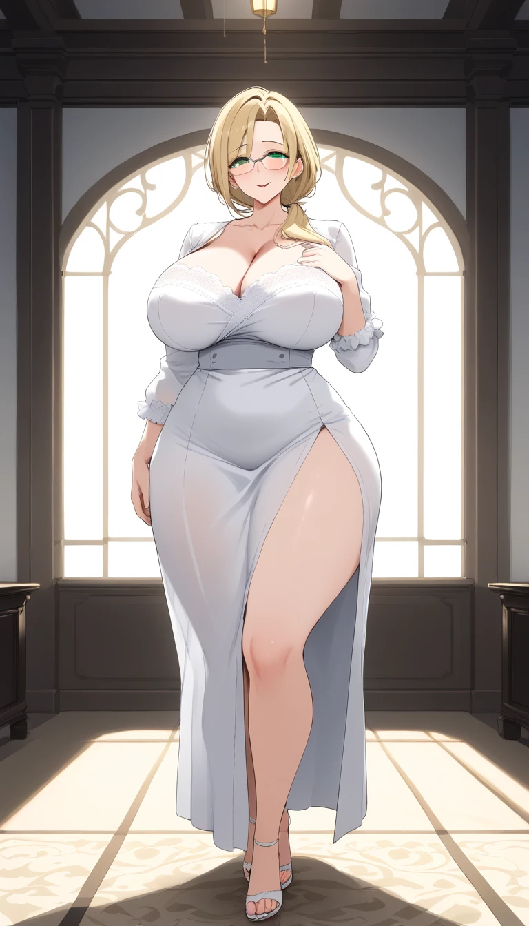 A mature thick woman with white hair and green eyes wearing a white dress with a neckline, big breasts, royal Hall background, grinning, full body view