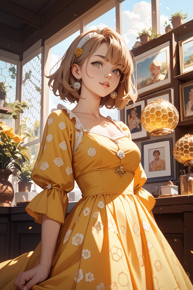 (best quality, masterpiece), 1girl, (curly hair:1.3), rich girl, ((girl)), short, short hair, sunburnt skin, fancy eyes, glow, lights, vitorian, glittering, menacing glow, elegant clothes, smile, ((backlight:1.2)), color palette consisting of gray| yellow | black
