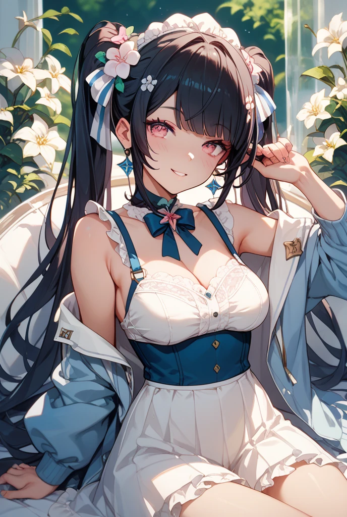 Highest qualityのイラスト、(Simple Background:1.2), (White background:1.2), (1 girl、17 years old), (Kind eyes、blue eyes)、Black Hair、Semi-long hair、(Highest quality、Very detailed、Mature、Ultra-high resolution) 、Black Hairの美少女、smile、Maid outfit、sexy、Larger breasts、holding a big bouquet、Close-up、Upper Body