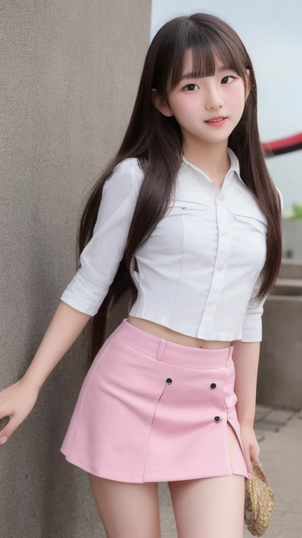 Beautiful Girl 18 years old is smiling in University. She wear white shirt with bottons and black short mini skirt. Small legs, brown belt , put on make up, pink mouth, sexy post.