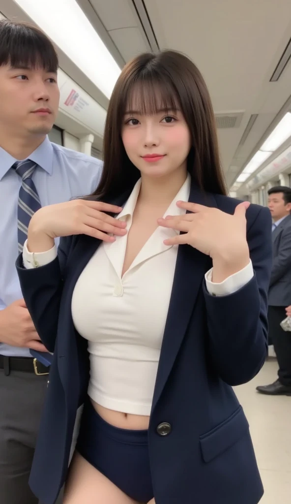 (Best quality, 8k, 32k, Masterpiece, UHD:1.2), Pretty Japanese girl, (huge breasts:1.2), black long hair, bangs, (smile), (only pink blazer:1.3), thin waist, navel, (daytime, school, outdoor), (crowd ,cameramen), necklace, earring, watch, (naked:1.3), (school girl), (vagina, pussy)