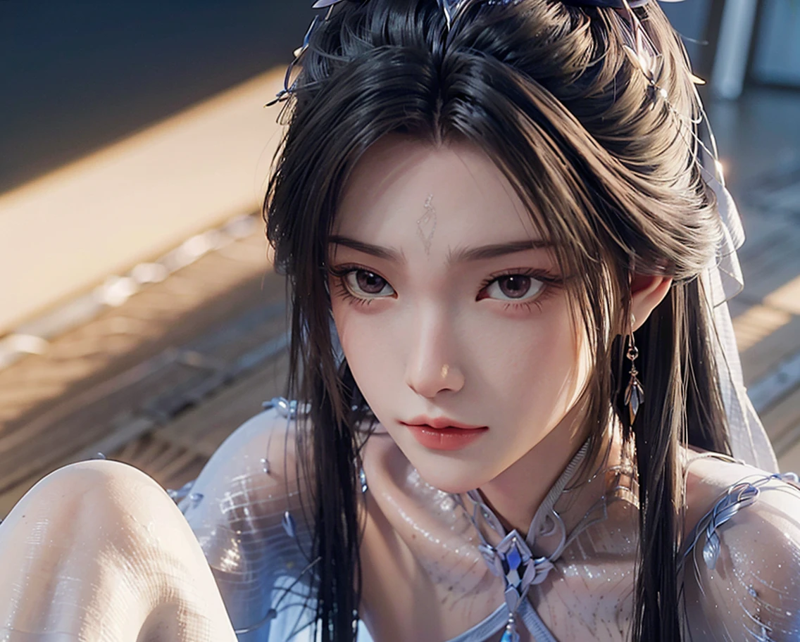 evil anime human woman. half-up long dark brown hair. fair skin. hazel-green eyes. big boobs. Modest Wuxia clothes. snowflake necklace. mauve smirking lips. Realism style. 3D anime model style. CGI animation. Wuxia style. Yun Lan Sect background.