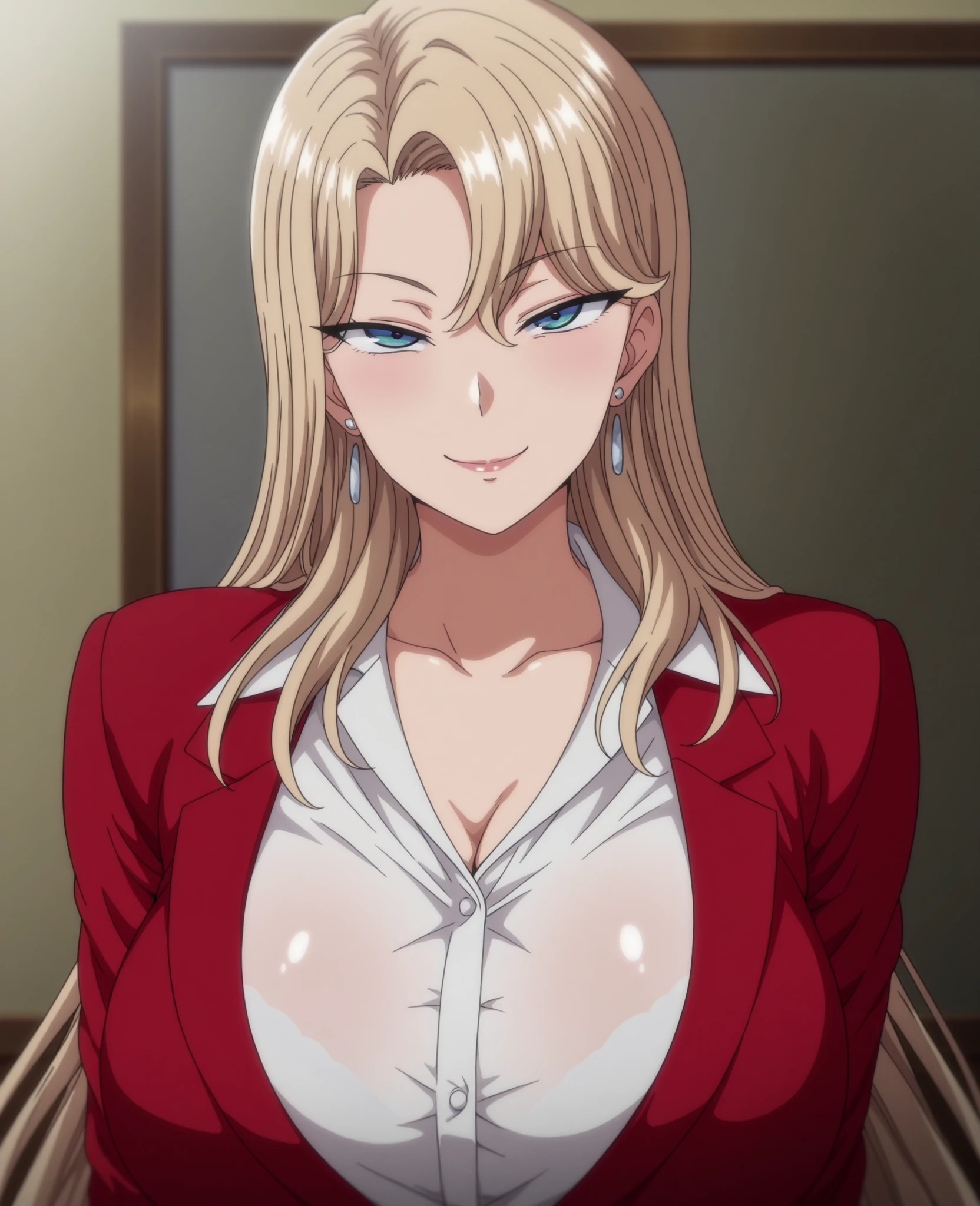 score_9, score_7_up, masterpiece, best quality, source_anime, anime screencap, beautiful detailed eyes, BREAK 1female, ReikaKurashiki, blonde hair, long hair, small head, blue eyes, narrowed eyes, earring, large breasts, red suit, red jacket, red skirt, (collared shirt:1.1), long sleeve, sleeve cuffs, collarbonea, (cleavage:0.6), pantyhose, BREAK indoor, living,