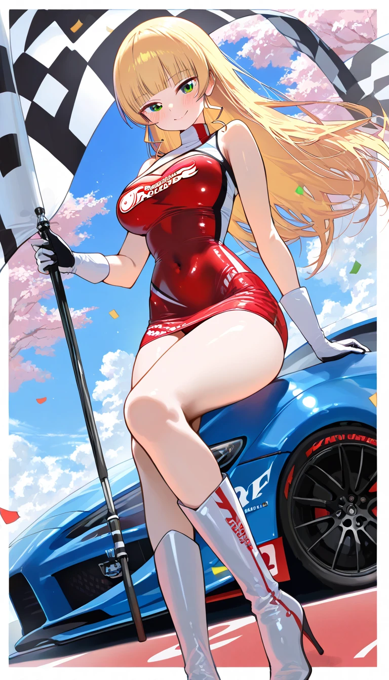 1 beautiful race queen in front of a race car, parasol, separate costume, bangles on arms, shimmering summer sun background, anime style, full body view, long attractive legs, high heels
