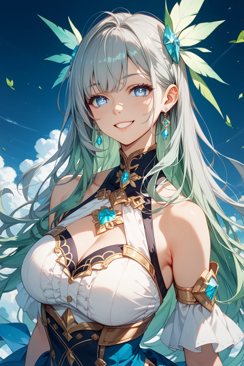 Black skin color:5.0、elvish、Fantasia、blue eyess、very long bangs、(hair over eyes)、silber hair、Majestic nature、Ridiculously large breasts、Priest、slit、A slight smil