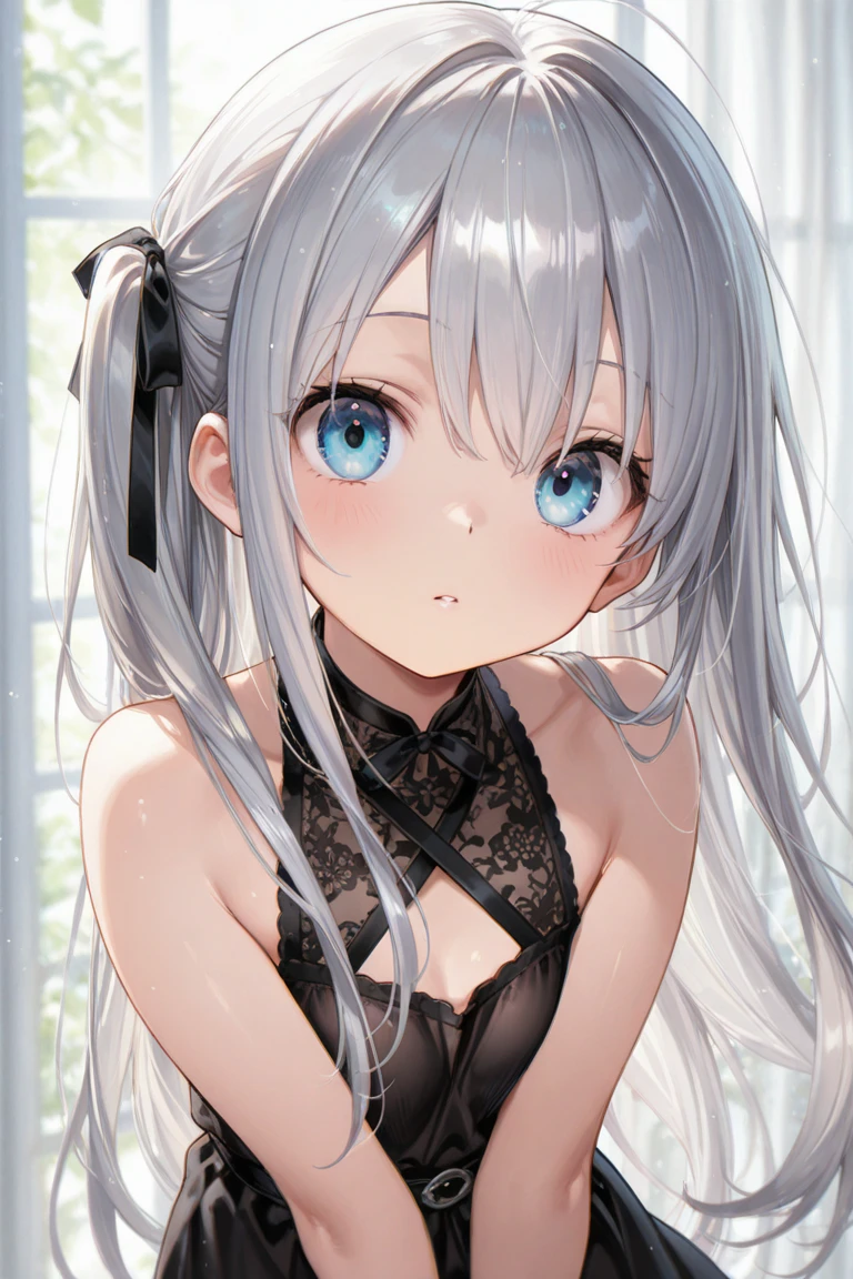 Super beautiful girl, Highest quality, Black background, Gray Hair, Light blue underwear（Small fabric area）, See-through underwear