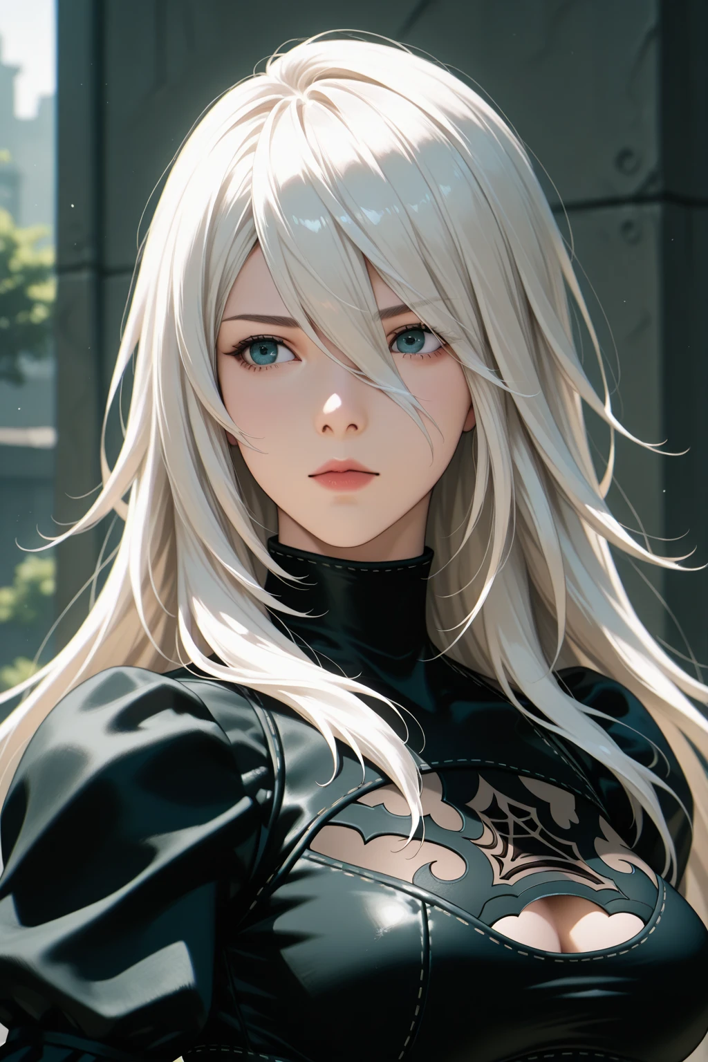 In the Dark, The female figure、Illuminated by a circular light that surrounds her head, Young Female Sephiroth, Perfect body, Caucasian skin, Short body, Perfect beautiful face,