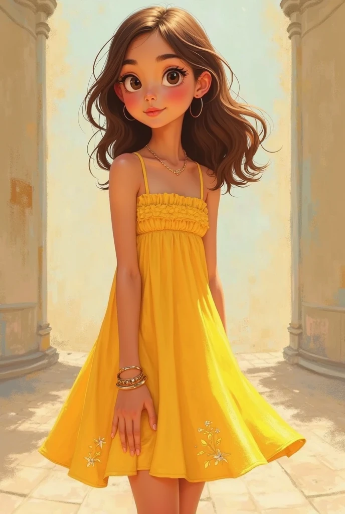 <lora:TDLP:0.6> painting of a young _girl side on with her head turned to face the camera, she is wearing a yellow-orange dress with long sleeves with her hand raised in a classic hand-pose standing in a dimly lit alley <lora:epiNoiseoffset_v2:0.6>