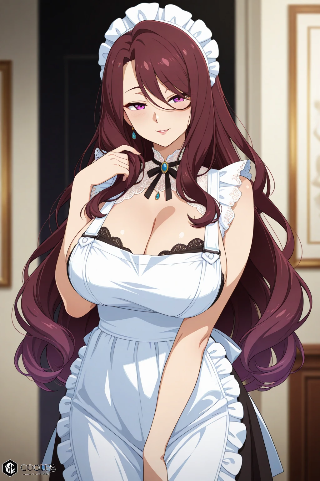 masterpiece, best quality, ultra-detailed, 1girl (namiop, Big and pretty breasts, , dark skin, blonde hair, long hair, brown eyes), a seductive face, smile, makeup, glow lips, facing viewer, looking at viewer, solo, maid(black), frill, apron, maid headdress, white lace thighhighs, mini skirt, wanostyle, night time, in the livingroom, standing, Sexy waist teasing, a provocative pose, from_below