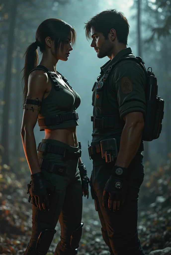 Resident Evil,Leon male,Holding Jill girl,kisses。Hold tight,Exposing the abdomen。Sunset desert in the background。Live action,cinematic ligh。 Warm yellow, --auto