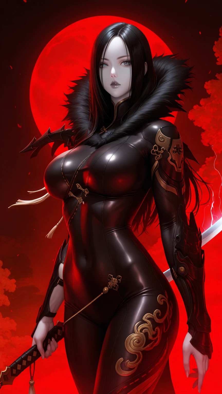 1 woman, beautiful girl, long black hair, shiny, red eyes, looking at the viewer, full body framed, ninja, ninja woman, sensual ninja, dangerous ninja, very realistic light skin, wearing ninja outfit, pants, with black metal parts with sparkle, sword in hand, night, in the shadows, sneaking