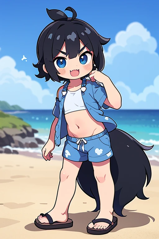 score_9,score_8_up,score_7_up, source_cartoon, source_furry, cat boy, teenager, cat tail, dark blue hair, hair over one eye, high long ponytail with volume, furry, blush, looking at viewer, smile, 1boy, cat ears, furry male, white body fur, ((flower on hair, dark blue strapless fringed bandeau bikini)), beach, clear sky, blue eyes, blush, shy, navel, femboy, full body, feets with three toes, three toes, standing, cute stance,
